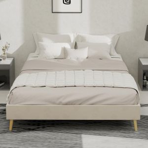 Cama 140x200cm con somier bajo, estructura de madera robusta, beige