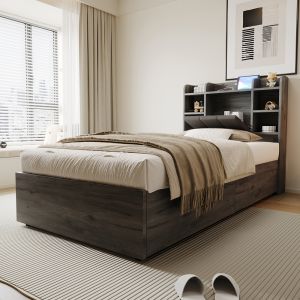 Cama hidráulica de madera,90x200cm,gris(sin colchón).
