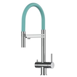 Grifo cocina 3 vías acero inox ducha 2 chorros amovible, pulido / turquesa