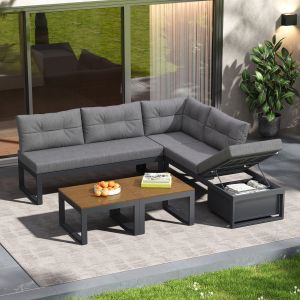 Sofá modular jardín gris poliéster almacenaje respaldo ajustable