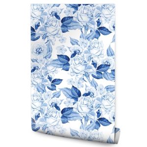 Papel Pintado Rosas Flores Hojas Azul Para El Salón No Tejido 53cm x 10m