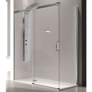 Mampara frontal + puerta corredera 150 cm glasé perfil cromado c/ lat. 80cm