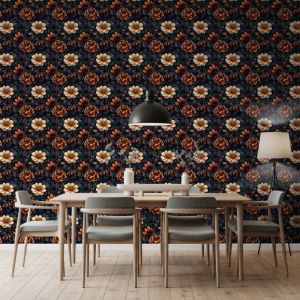 Papel floral elegante flores beige y naranja fondo negro 60cm por 250cm