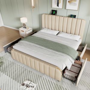 Cama tapizada 180x200cm con 4 cajones y usb lino – beige