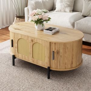 Mesa de centro ovalada con puertas correderas ratán natural 40x100x50cm