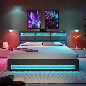 Cama tapizada 140x200cm con luces LED, usb, gris