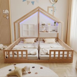Cama infantil 90x200cm madera casa con LED, ventanas y almacenaje