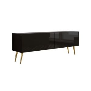 Mueble tv contemporáneo - negro mate/brillo - patas doradas - 140x32x52 cm