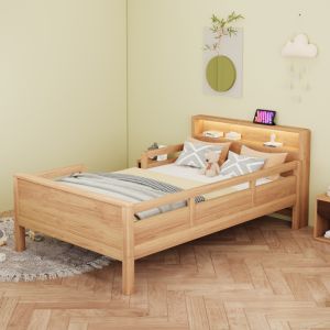 Cama 90x200cm con LED y carga usb almacenaje madera de pino – natural