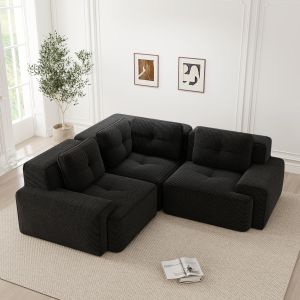 Sofá modular en l de pana negro asiento profundo 74 cm sin montaje