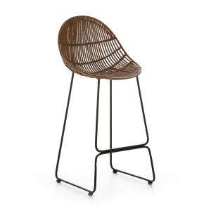 Taburete 46x45x97 metal negro, mimbre marron