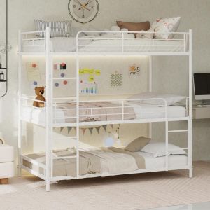 Litera triple de metal 90x190cm con escalera integrada, blanca