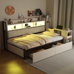 Sofá cama metálico 90x200cm con almacenaje, LED, enchufes, en blanco