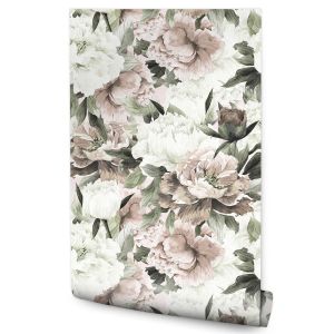 Papel Pintado  Flores Peonía Hojas Naturaleza Vintage 53cm x 10m