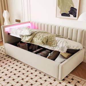 Cama de día con LED, arcón hidráulico, somier, 90x200 cm, beige