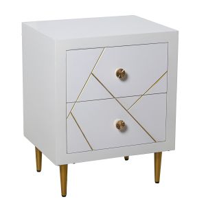 Mesa de noche madera 2 cajones blanco, patas metal oro