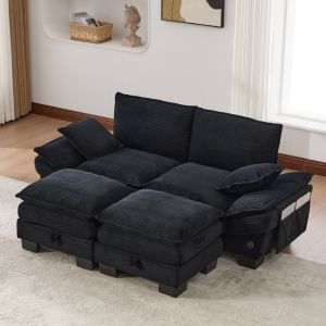 Sofá modular 2 plazas pana negro con 2 otomanas usb y bolsillos
