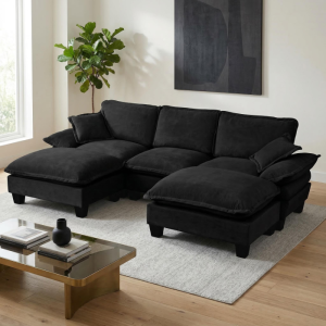 Sofá en u modular de chenilla negro con 2 otomanas móviles y 2 cojines
