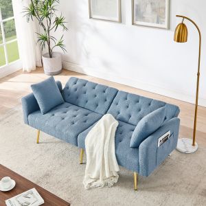 Sofá 2 plazas teddy azul con respaldo ajustable y 2 cojines
