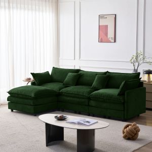 Sofá en l modular chenilla verde 3 plazas con chaise longue y reposapiés