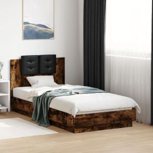 Cama cabecero luces LED roble ahumado 90x190 cm reg1564
