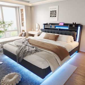 Cama de lino 160x200cm con iluminación LED y puertos usb – gris