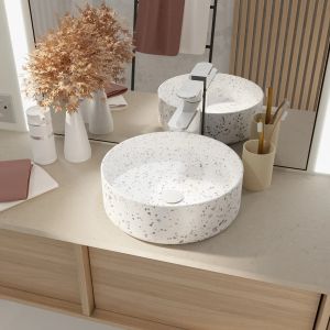 Lavabo redondo de cerámica blanca mate efecto terrazzo gris ø35cm