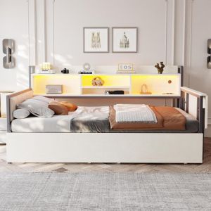 Cama sofá 90x200 blanca con LED, escritorio plegable y cajones