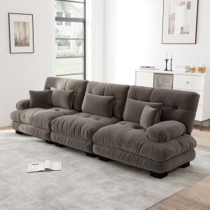 Sofá modular 3 plazas chenilla marrón con asiento profundo y cojines