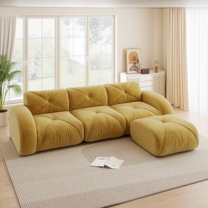 Sofá modular en l de chenilla amarillo 3 plazas con reposapiés sin montaje