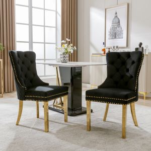 Silla de comedor terciopelo negro set de 2 patas doradas