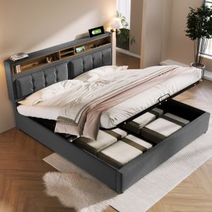 Cama tapizada 140x200cm con almacenaje y puerto usb lino – gris