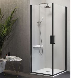 Mampara esquina 2 puertas abatibles 75  cm y 65 cm nardi perfil negro mate