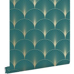 Estahome papel pintado arte deco azul petroleo y oro 53 cm x 10.05 m