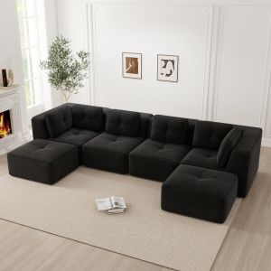 Sofá modular en u de pana negro con otomana sin montaje