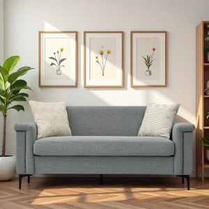 Sofá 2 plazas lino gris claro brazos anchos patas metálicas