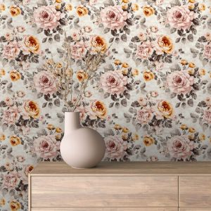 Papel floral diseño romántico rosas rosa y amarillo vintage 60cm por 300cm