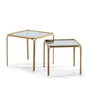 Set 2 mesa auxiliar 51x51x47 , 46x46x41 cristal ahumado, metal dorado