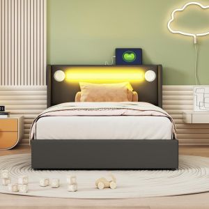 Cama infantil 90x200cm con LED, bluetooth, usb y almacenaje, negra