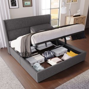 Cama tapizada 140x200cm almacenaje cabecero ajustable lino gris