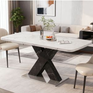 Mesa de comedor extensible mármol blanco negro 120-160x80cm