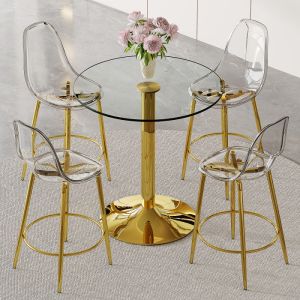 Conjunto de mesa alta redonda con 4 taburetes transparentes dorado