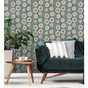 Papel pintado gaulan   de flores  mostaza y ramas con hojas estilo 5.23m²