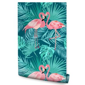 Papel Pintado Flamencos Hojas Tropicales Naturaleza 53cm x 10m