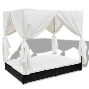 vidaXL tumbona con cortinas de ratán sintético negro