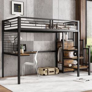 Cama alta 90x200cm con escritorio y armario mdf+metal – negro+nogal oscuro