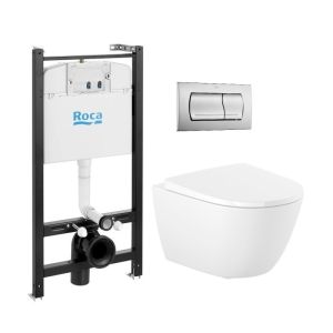 Roca active pack con pulsador PVC cromo mat y wc suspendido roca ona