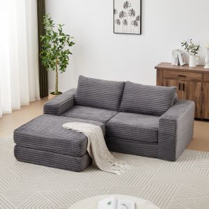 Sofá cama modular pana gris con reposapiés extraíble