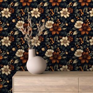 Papel floral elegante flores beige y marrón fondo negro 60cm por 300cm