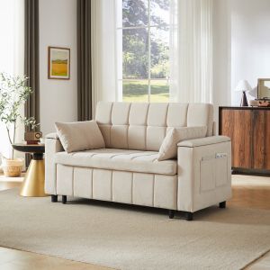 Sofá cama 2 plazas chenilla beige con almacenaje en brazos y bolsillos